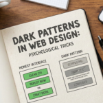 Overhead photograph of a notebook featuring a hand-drawn infographic comparing clear "Honest Interface" buttons with confusing "Dark Pattern" web design tricks.