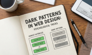 Overhead photograph of a notebook featuring a hand-drawn infographic comparing clear "Honest Interface" buttons with confusing "Dark Pattern" web design tricks.