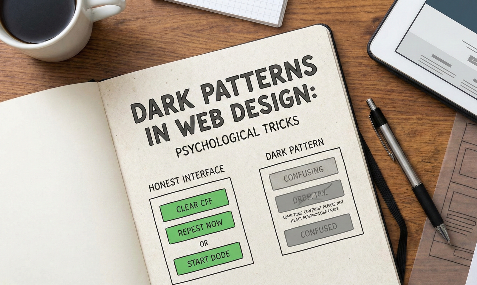 Overhead photograph of a notebook featuring a hand-drawn infographic comparing clear "Honest Interface" buttons with confusing "Dark Pattern" web design tricks.