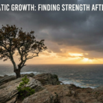 A resilient tree growing on a rocky cliff overlooking a rough ocean as sunlight breaks through dark storm clouds. The text "POST-TRAUMATIC GROWTH: FINDING STRENGTH AFTER THE STORM" is displayed in white, sans-serif font across the top.