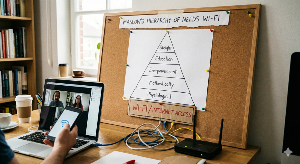 A realistic home office desk featuring a corkboard with a diagram of the traditional pyramid, where a new hand-written layer labeled 'Wi-Fi' has been pinned to the bottom foundation, illustrating the Maslow’s Hierarchy of Needs Wi-Fi concept.