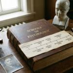 A vintage wooden desk featuring a large leather-bound book titled Schools of Psychology, accompanied by a hand-drawn timeline of psychological schools, an antique microscope, a phrenology bust, and black-and-white portraits of famous psychologists.