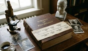 A vintage wooden desk featuring a large leather-bound book titled Schools of Psychology, accompanied by a hand-drawn timeline of psychological schools, an antique microscope, a phrenology bust, and black-and-white portraits of famous psychologists.