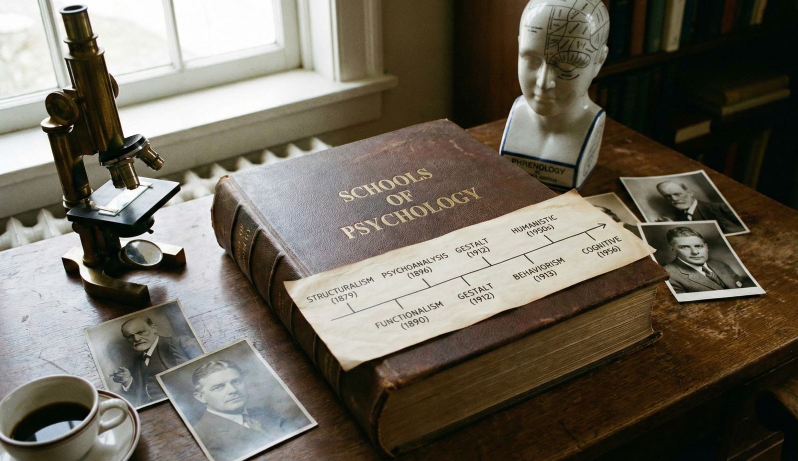 A vintage wooden desk featuring a large leather-bound book titled Schools of Psychology, accompanied by a hand-drawn timeline of psychological schools, an antique microscope, a phrenology bust, and black-and-white portraits of famous psychologists.