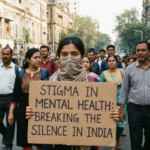 A realistic street photography style image of a young Indian woman standing in a busy market street holding a cardboard sign that reads "Stigma in Mental Health: Breaking the Silence in India," surrounded by a blurred crowd.