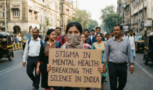 A realistic street photography style image of a young Indian woman standing in a busy market street holding a cardboard sign that reads "Stigma in Mental Health: Breaking the Silence in India," surrounded by a blurred crowd.