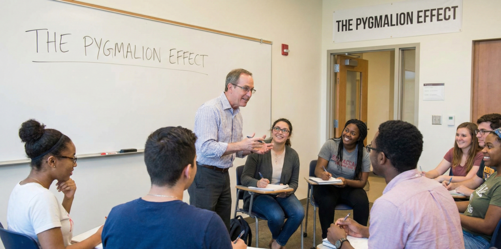 A university professor actively engaging with diverse students in a classroom setting, illustrating positive teacher expectations. The phrase "THE PYGMALION EFFECT" is clearly visible handwritten on the whiteboard and printed on a banner above the door in the background.