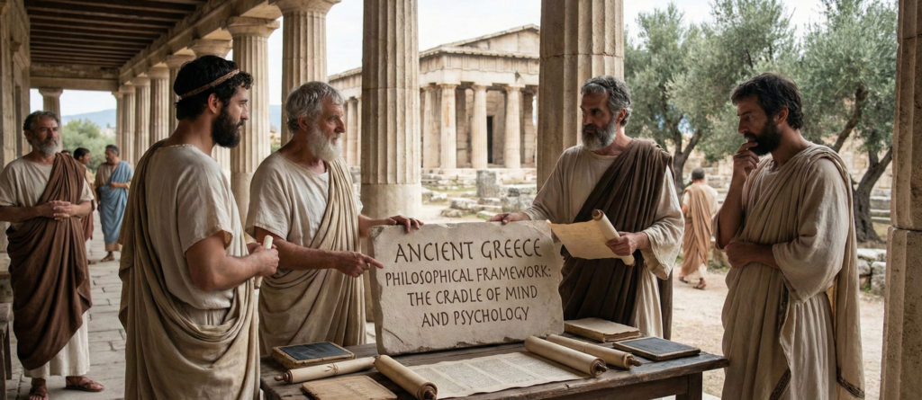 A realistic scene of ancient Greek philosophers gathered around a table with scrolls and a stone tablet engraved with the text "Ancient Greece Philosophical Framework: The Cradle of Mind and Psychology," set against a backdrop of classical columns and temples.
