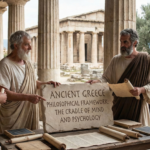 A realistic scene of ancient Greek philosophers gathered around a table with scrolls and a stone tablet engraved with the text "Ancient Greece Philosophical Framework: The Cradle of Mind and Psychology," set against a backdrop of classical columns and temples.