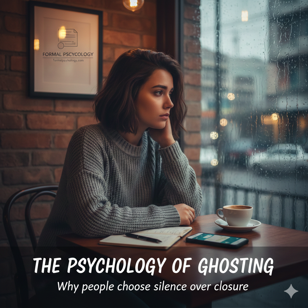A thoughtful woman sitting in a cafe looking out a rainy window, representing the emotional reflection and search for closure following ghosting.