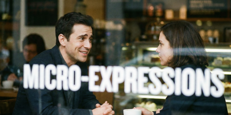 A realistic photo of a man and woman having a conversation in a cafe, with the text MICRO-EXPRESSIONS superimposed over the image to illustrate nonverbal communication.