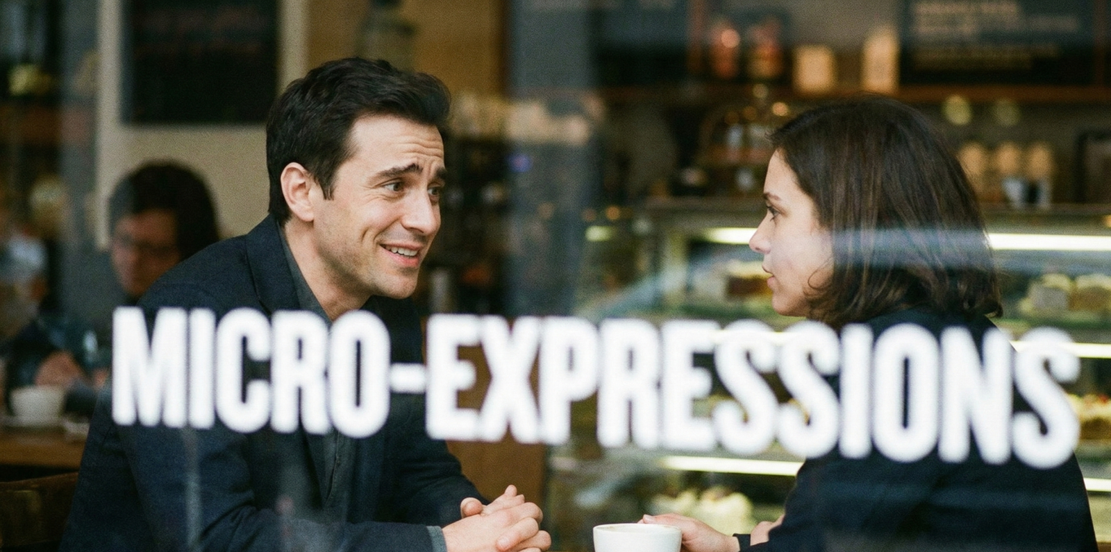 A realistic photo of a man and woman having a conversation in a cafe, with the text MICRO-EXPRESSIONS superimposed over the image to illustrate nonverbal communication.