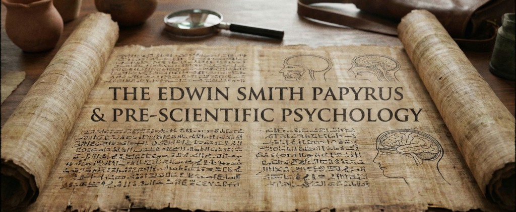 An ancient Egyptian papyrus scroll unrolled on a wooden desk featuring hieroglyphs, brain anatomy sketches, and the text "The Edwin Smith Papyrus & Pre-Scientific Psychology" across the center.