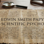 An ancient Egyptian papyrus scroll unrolled on a wooden desk featuring hieroglyphs, brain anatomy sketches, and the text "The Edwin Smith Papyrus & Pre-Scientific Psychology" across the center.