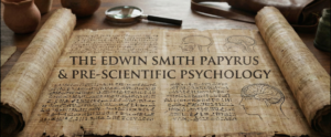 An ancient Egyptian papyrus scroll unrolled on a wooden desk featuring hieroglyphs, brain anatomy sketches, and the text "The Edwin Smith Papyrus & Pre-Scientific Psychology" across the center.