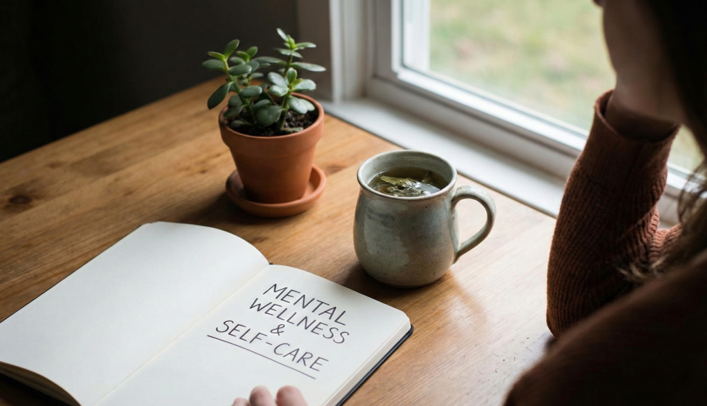 A calming, natural scene featuring an open notebook on a wooden table with the text "Mental Wellness & Self-Care" written on the page. Next to the book is a cup of tea and a small green plant, symbolizing a moment of reflection and psychological rest.