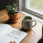 A calming, natural scene featuring an open notebook on a wooden table with the text "Mental Wellness & Self-Care" written on the page. Next to the book is a cup of tea and a small green plant, symbolizing a moment of reflection and psychological rest.