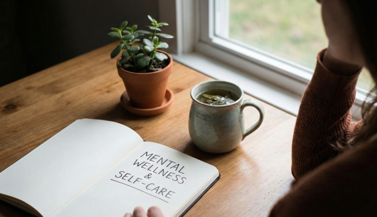 A calming, natural scene featuring an open notebook on a wooden table with the text "Mental Wellness & Self-Care" written on the page. Next to the book is a cup of tea and a small green plant, symbolizing a moment of reflection and psychological rest.