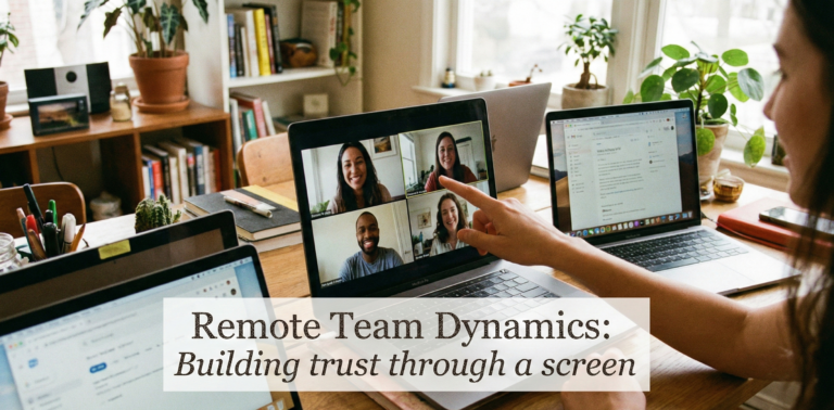 A professional working from a home office looking at colleagues on a video conference call, with the title text "Remote Team Dynamics: Building trust through a screen" overlaid in the center.