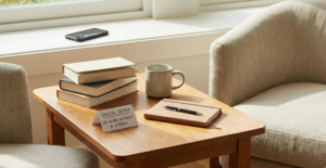 A peaceful wooden table setting featuring a stack of books, a journal, and a coffee mug. A small handwritten card on the table reads "DIGITAL DETOX: 24 HOURS WITHOUT A SCREEN." A smartphone is deliberately placed far away on a windowsill in the background, out of reach.