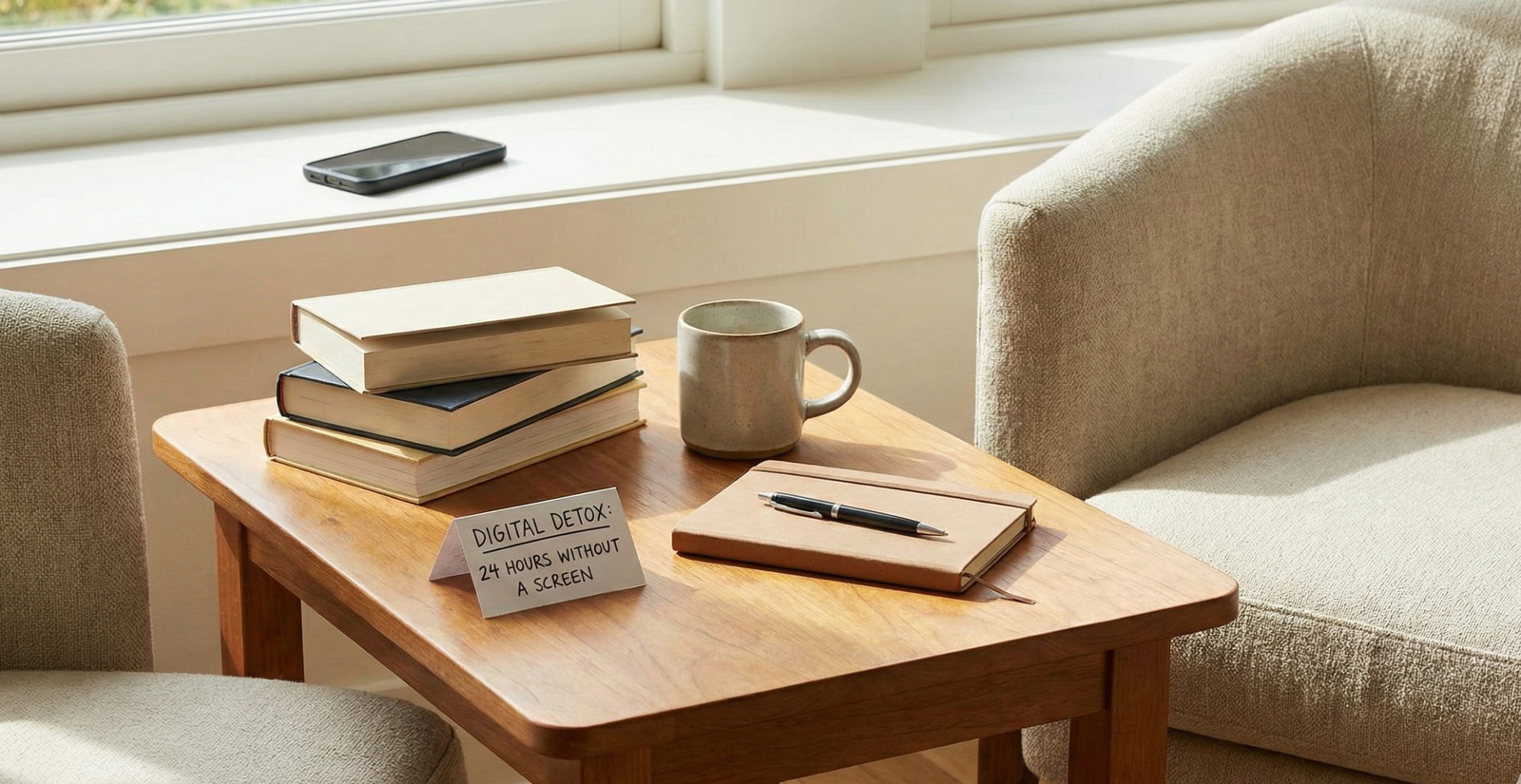 A peaceful wooden table setting featuring a stack of books, a journal, and a coffee mug. A small handwritten card on the table reads "DIGITAL DETOX: 24 HOURS WITHOUT A SCREEN." A smartphone is deliberately placed far away on a windowsill in the background, out of reach.