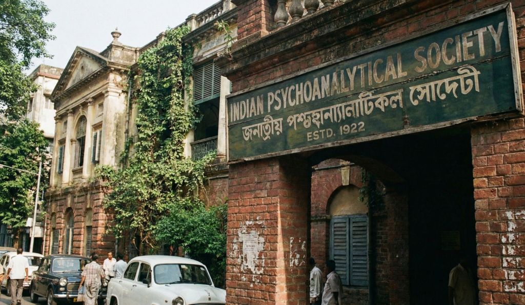Vintage-style photograph of the red brick entrance of the Indian Psychoanalytical Society in Kolkata, featuring a weathered signboard with the text "Indian Psychoanalytical Society Estd. 1922" in English and Bengali.
