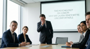 A realistic photo of a man in a business suit laughing nervously with his hand covering his mouth during a serious meeting. In the background, a projector screen displays the text "THE PSYCHOLOGY OF HUMOR: WHY WE LAUGH WHEN WE&rsquo;RE UNCOMFORTABLE." Colleagues at the table look concerned and serious.