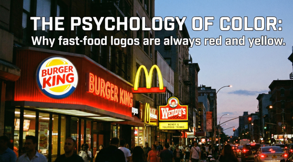 A busy urban street scene at dusk featuring prominent, glowing red and yellow neon signs for Burger King, McDonald's, and Wendy's. Text overlaid across the top of the image reads: "THE PSYCHOLOGY OF COLOR: Why fast-food logos are always red and yellow."