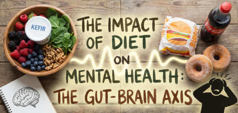 A realistic top-down flat-lay photograph on a rustic wooden table. The left side features a wooden bowl filled with gut-healthy foods including spinach, berries, walnuts, and kefir. The right side features processed foods including a burger, donuts, and a bottle of soda. A notepad with a hand-drawn brain sketch sits in the corner. Large, hand-painted style text across the center reads: "The Impact of Diet on Mental Health: The Gut-Brain Axis."