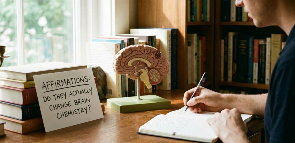 A person writing in a journal at a wooden desk with a model of the human brain, stacks of psychology books, and a handwritten note reading "Affirmations: Do they actually change brain chemistry?"