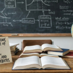 A classroom desk covered with open textbooks, a globe, and a handwritten sign reading The Ultimate Academic Guide to the Scope of Psychology, with a chalkboard featuring scientific diagrams in the background.