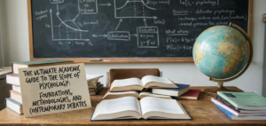 A classroom desk covered with open textbooks, a globe, and a handwritten sign reading The Ultimate Academic Guide to the Scope of Psychology, with a chalkboard featuring scientific diagrams in the background.