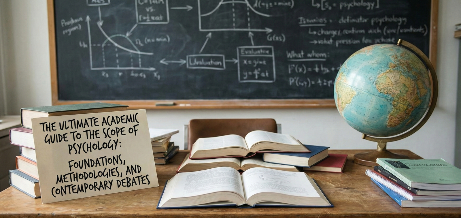 A classroom desk covered with open textbooks, a globe, and a handwritten sign reading The Ultimate Academic Guide to the Scope of Psychology, with a chalkboard featuring scientific diagrams in the background.