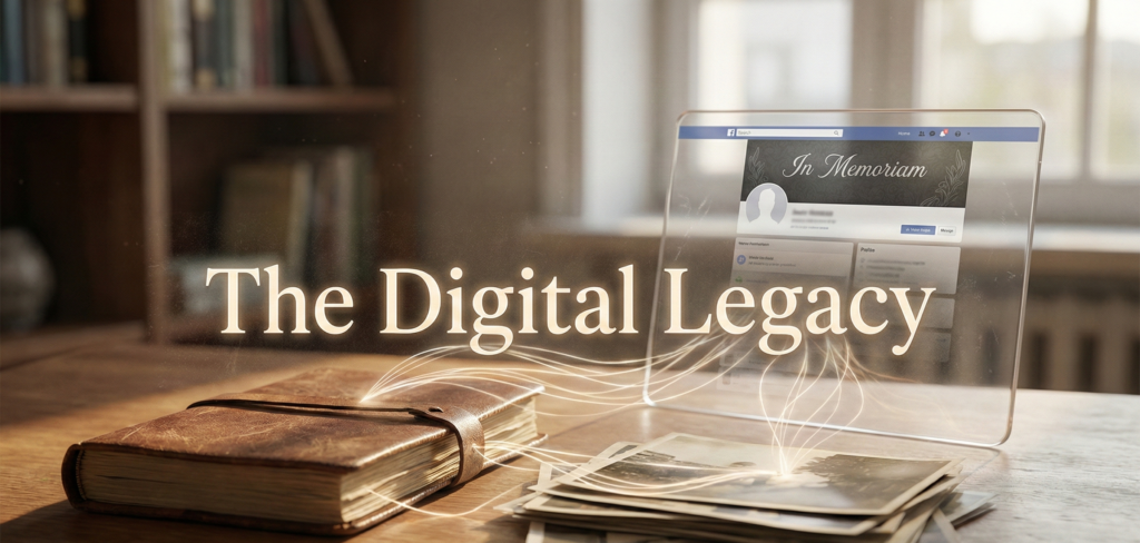Conceptual photograph showing a vintage leather journal and a stack of old black and white photos on a wooden desk. They are connected by glowing, ethereal light trails to a transparent tablet displaying a memorialized social media profile interface. The text "The Digital Legacy" is overlaid across the center of the image in a cream-colored serif font.