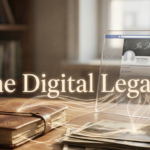 Conceptual photograph showing a vintage leather journal and a stack of old black and white photos on a wooden desk. They are connected by glowing, ethereal light trails to a transparent tablet displaying a memorialized social media profile interface. The text "The Digital Legacy" is overlaid across the center of the image in a cream-colored serif font.