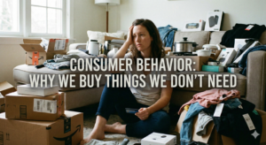 A candid photograph of a distressed woman sitting on a living room floor, overwhelmed by mounds of shipping boxes, new clothes with tags, and kitchen electronics, holding a credit card. Text overlay across the center reads: "CONSUMER BEHAVIOR: WHY WE BUY THINGS WE DON'T NEED."