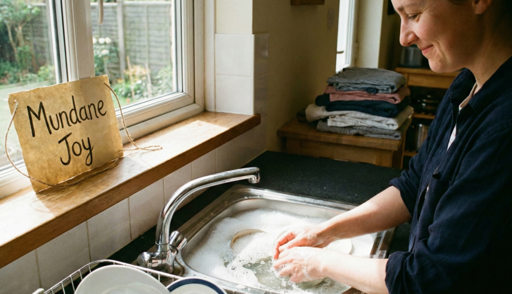 A woman smiling peacefully while washing dishes near a sunny window, illustrating the psychology of Mundane Joy and finding happiness in repetitive tasks.