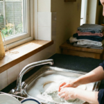 A woman smiling peacefully while washing dishes near a sunny window, illustrating the psychology of Mundane Joy and finding happiness in repetitive tasks.