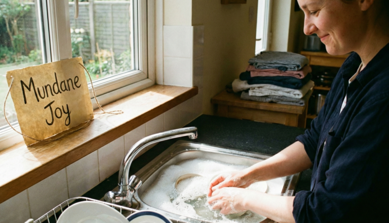 A woman smiling peacefully while washing dishes near a sunny window, illustrating the psychology of Mundane Joy and finding happiness in repetitive tasks.
