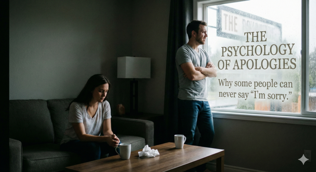 A realistic photo of a couple in a tense living room setting; a man stands with arms crossed looking out a rainy window while a woman sits on a couch looking dejected. Text overlay reads: "THE PSYCHOLOGY OF APOLOGIES: Why some people can never say 'I'm sorry.'" aiming to illustrate emotional distance.