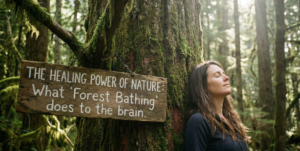A photograph of a woman with her eyes closed, leaning against a moss-covered tree in a lush forest. Next to her, hanging from the tree, is a rustic wooden sign with white hand-painted text that reads: "THE HEALING POWER OF NATURE: What 'Forest Bathing' does to the brain." Sunlight filters through the forest canopy.