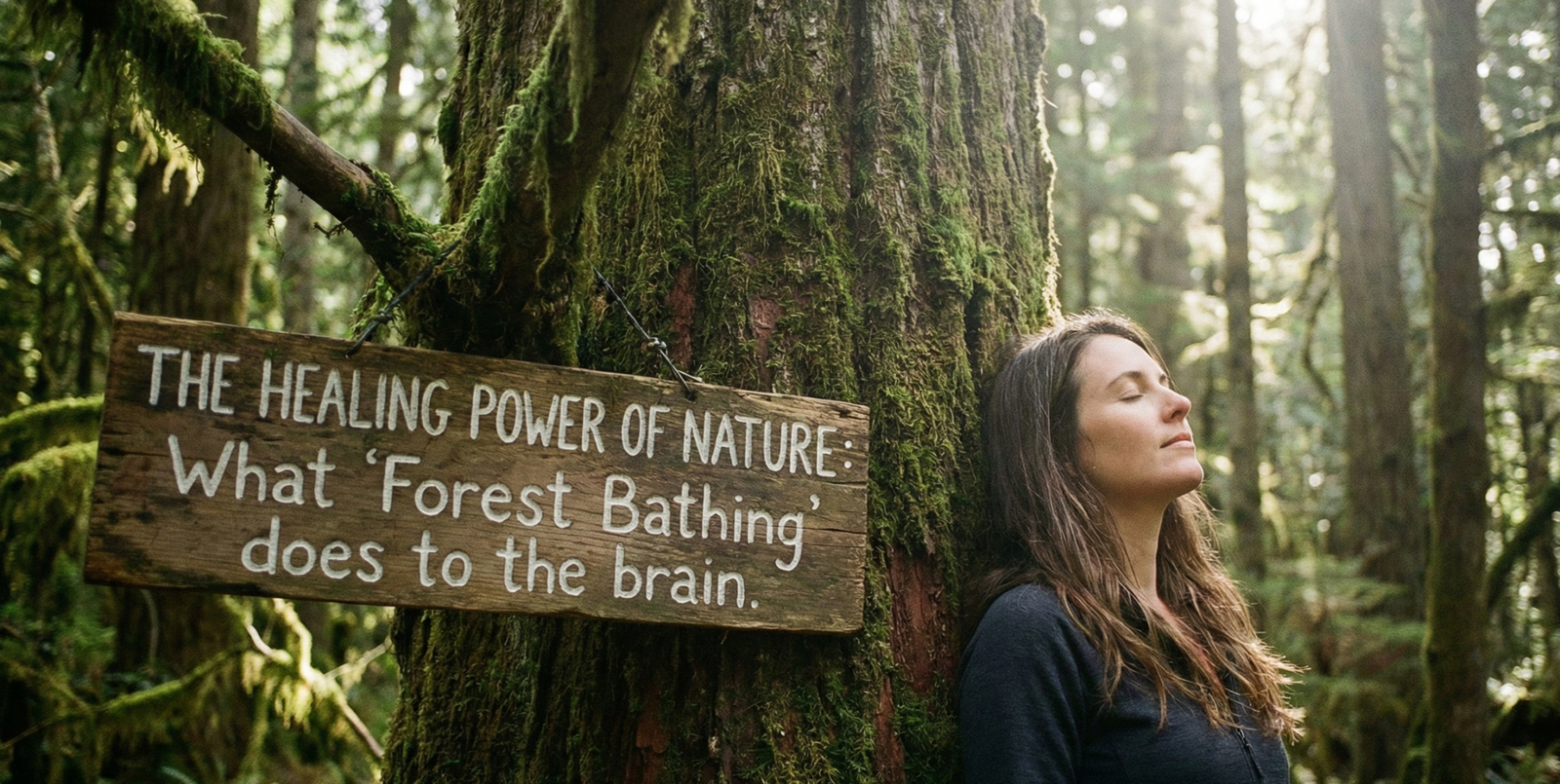 A photograph of a woman with her eyes closed, leaning against a moss-covered tree in a lush forest. Next to her, hanging from the tree, is a rustic wooden sign with white hand-painted text that reads: "THE HEALING POWER OF NATURE: What 'Forest Bathing' does to the brain." Sunlight filters through the forest canopy.