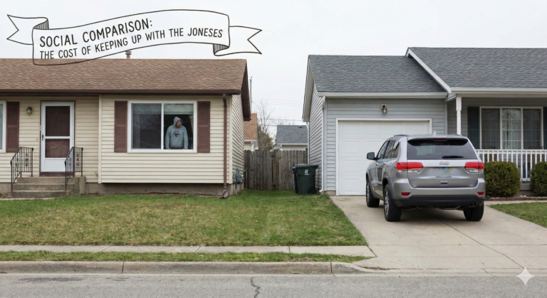 A realistic suburban scene illustrating Social Comparison Theory: a neighbor looking out their window at the luxury car in the driveway next door, representing the "Keeping up with the Joneses" psychological phenomenon.