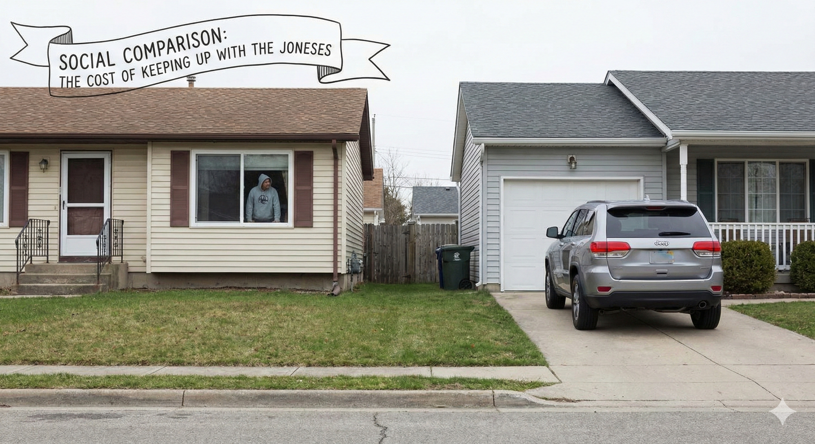 A realistic suburban scene illustrating Social Comparison Theory: a neighbor looking out their window at the luxury car in the driveway next door, representing the "Keeping up with the Joneses" psychological phenomenon.