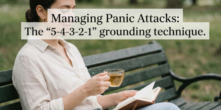 A woman sits calmly on a park bench with a journal and tea, with the title text "Managing Panic Attacks: The '5-4-3-2-1' grounding technique" overlaid.