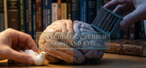 A conceptual photograph featuring a human brain model on a desk. A hand places a white dove on the left side representing altruism, while a hand places a small prison cage on the right representing malevolence. The text "Psychology Behind Good and Evil" is overlaid on the center.