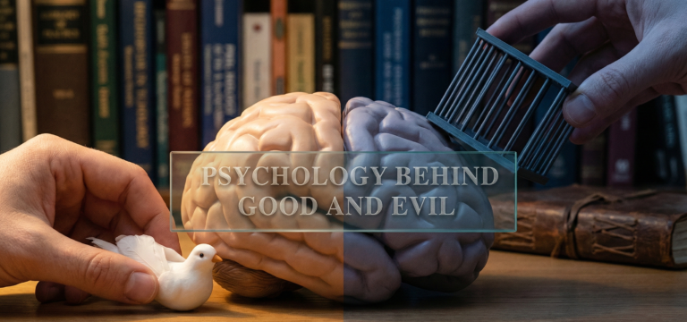 A conceptual photograph featuring a human brain model on a desk. A hand places a white dove on the left side representing altruism, while a hand places a small prison cage on the right representing malevolence. The text "Psychology Behind Good and Evil" is overlaid on the center.