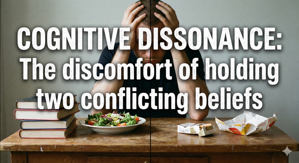 An illustration depicting cognitive dissonance, showing a person's head with two opposing thought bubbles clashing—one labeled "Belief: Smoking is harmful" and the other labeled "Action: Smoking a cigarette"—resulting in a facial expression of stress and mental discomfort.