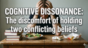 An illustration depicting cognitive dissonance, showing a person's head with two opposing thought bubbles clashing&mdash;one labeled "Belief: Smoking is harmful" and the other labeled "Action: Smoking a cigarette"&mdash;resulting in a facial expression of stress and mental discomfort.