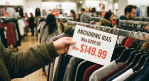 A close-up photograph of a person's hand holding a white sign with black text that reads "ANCHORING BIAS" above a crossed-out price of "Was $299.99" and a large red price of "Now $149.99". The background is a blurred view of clothing racks and shoppers in a retail store.